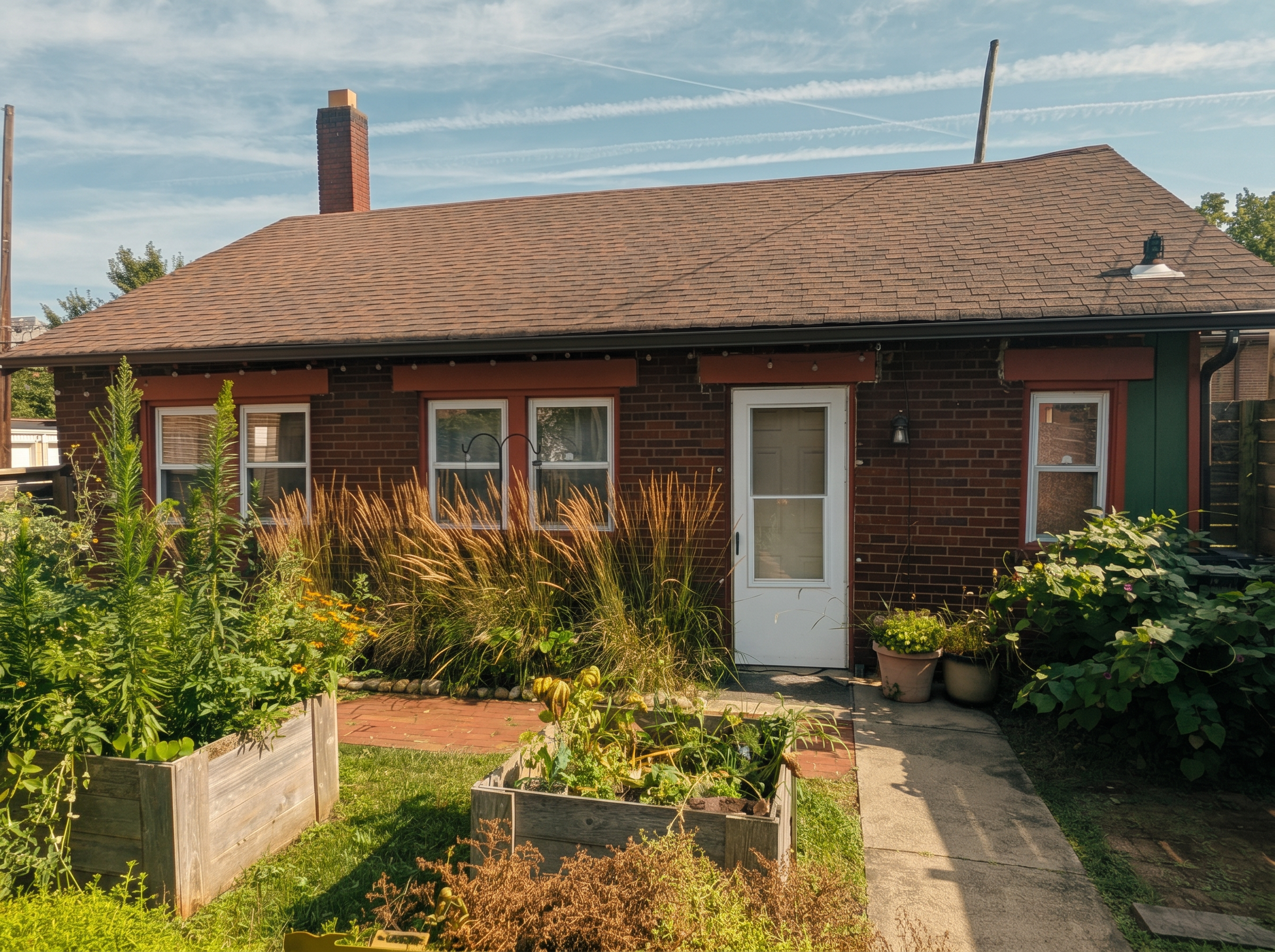 Carriage house exterior with warm red trim, white storm door, ornamental grasses and raised beds