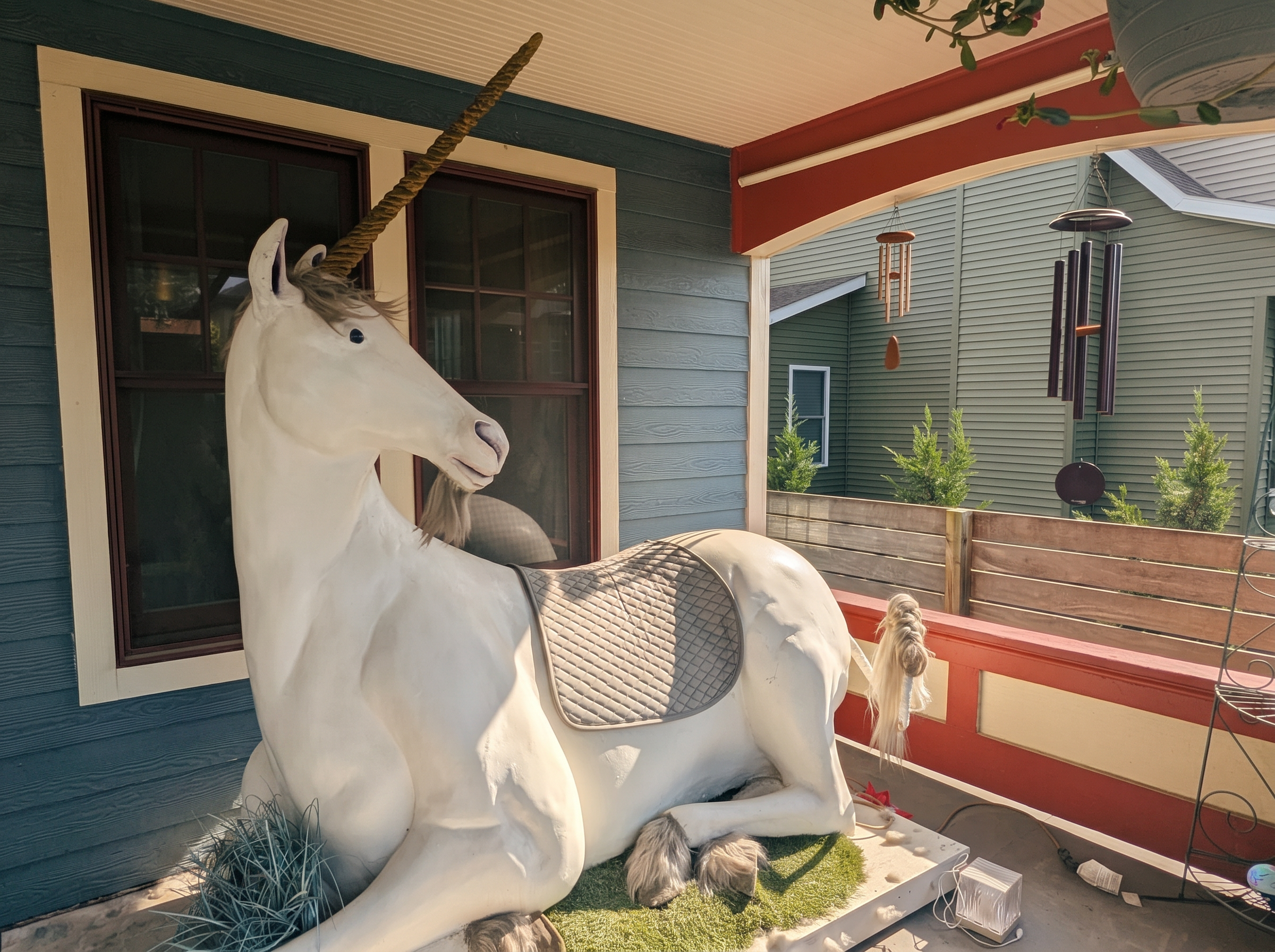 A life-size white unicorn statue with a woven golden horn resting on the front porch of 998 Oak, framed by teal siding, red trim, and hanging wind chimes