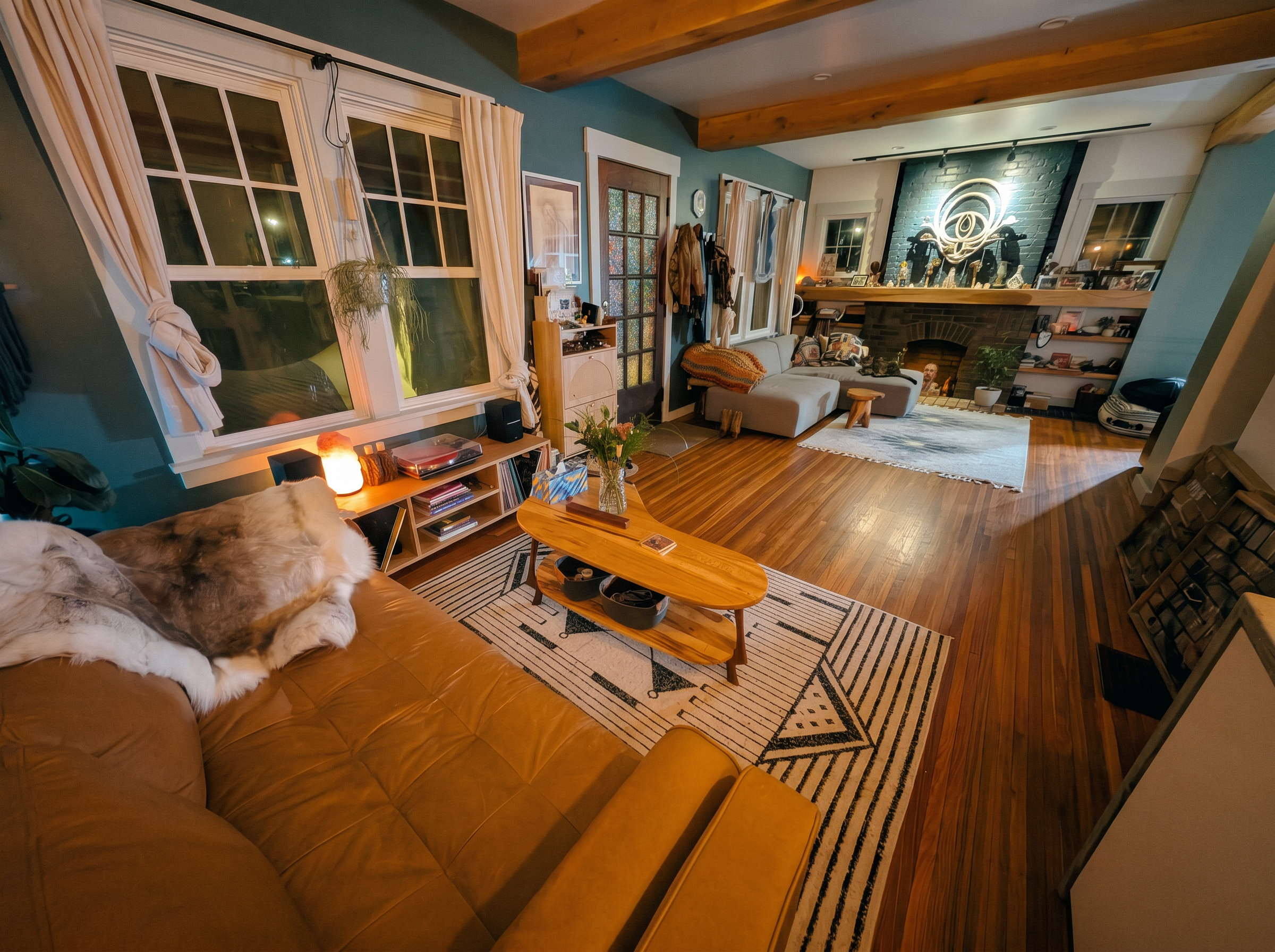 Evening view of the 998 Oak living room: exposed ceiling beams, teal walls, tan leather sofa, patterned rug, and a brick fireplace with an illuminated sacred-geometry sculpture above the mantel