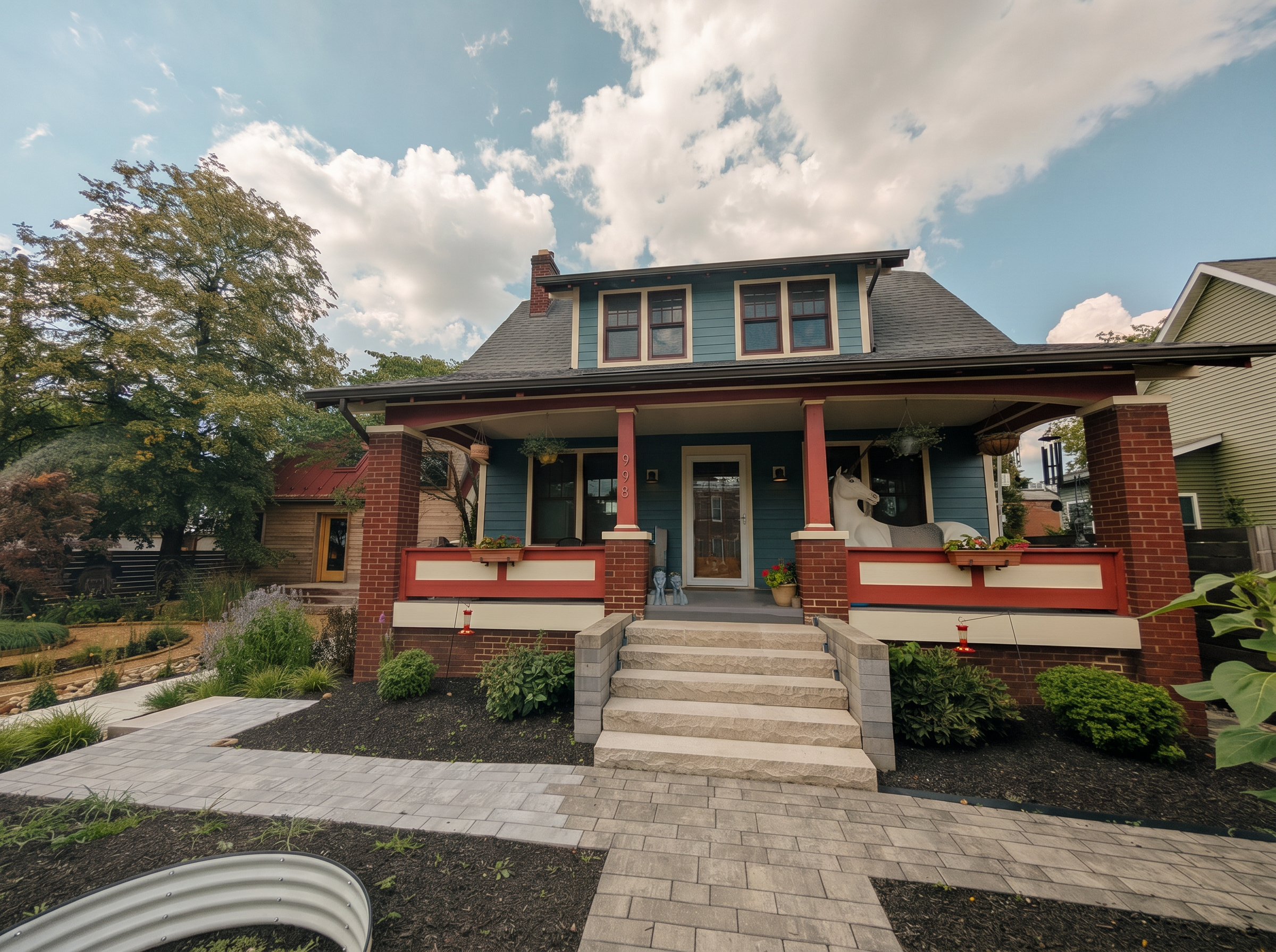 Street view of 998 Oak Street: a 1926 home in deep teal siding with red brick porch columns, cream trim, hanging flower baskets, and a paver walkway leading to the front steps